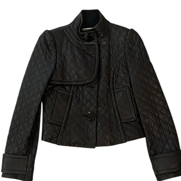 Peter Nygard Quilted Black Leather Jacket Cropped Fitted Size 6 - Picture 14 of 15